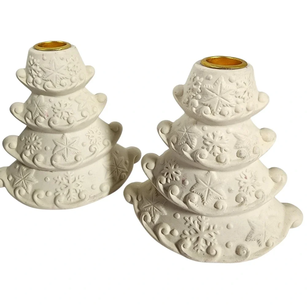 Vintage Set of 2‎ White Christmas Tree Ceramic Candlestick Holders Snowflake